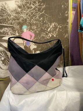 DREW Patchwork Suede Shoulder Bag in Black, Lavender & Cream with Red Heart